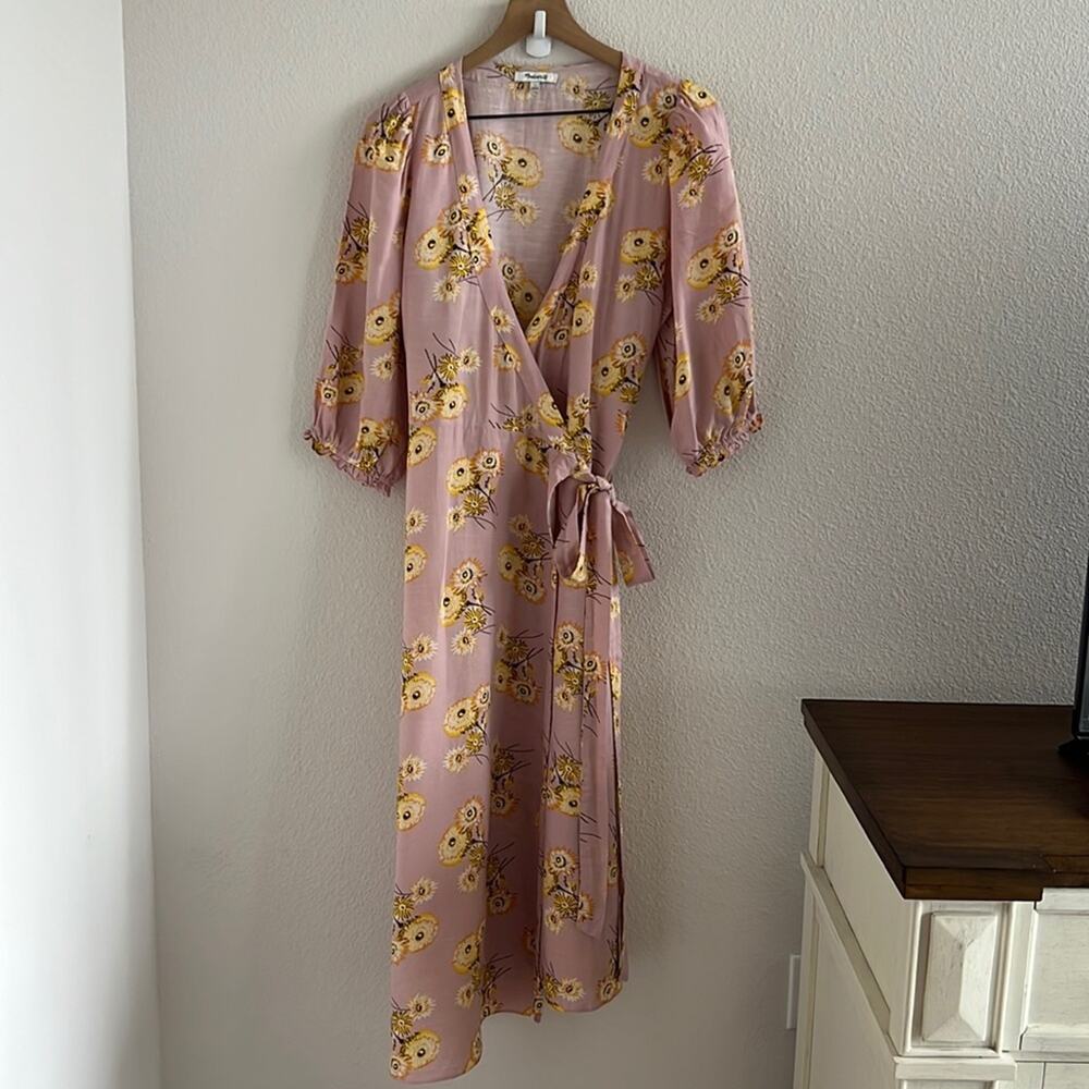 Madewell Linen-Blend Ruffle-Cuff Wrap Dress in Dutch Dandelions Small